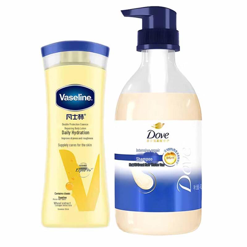 Vaseline Repair Body Lotion and Dove Nourishing Shampoo Set