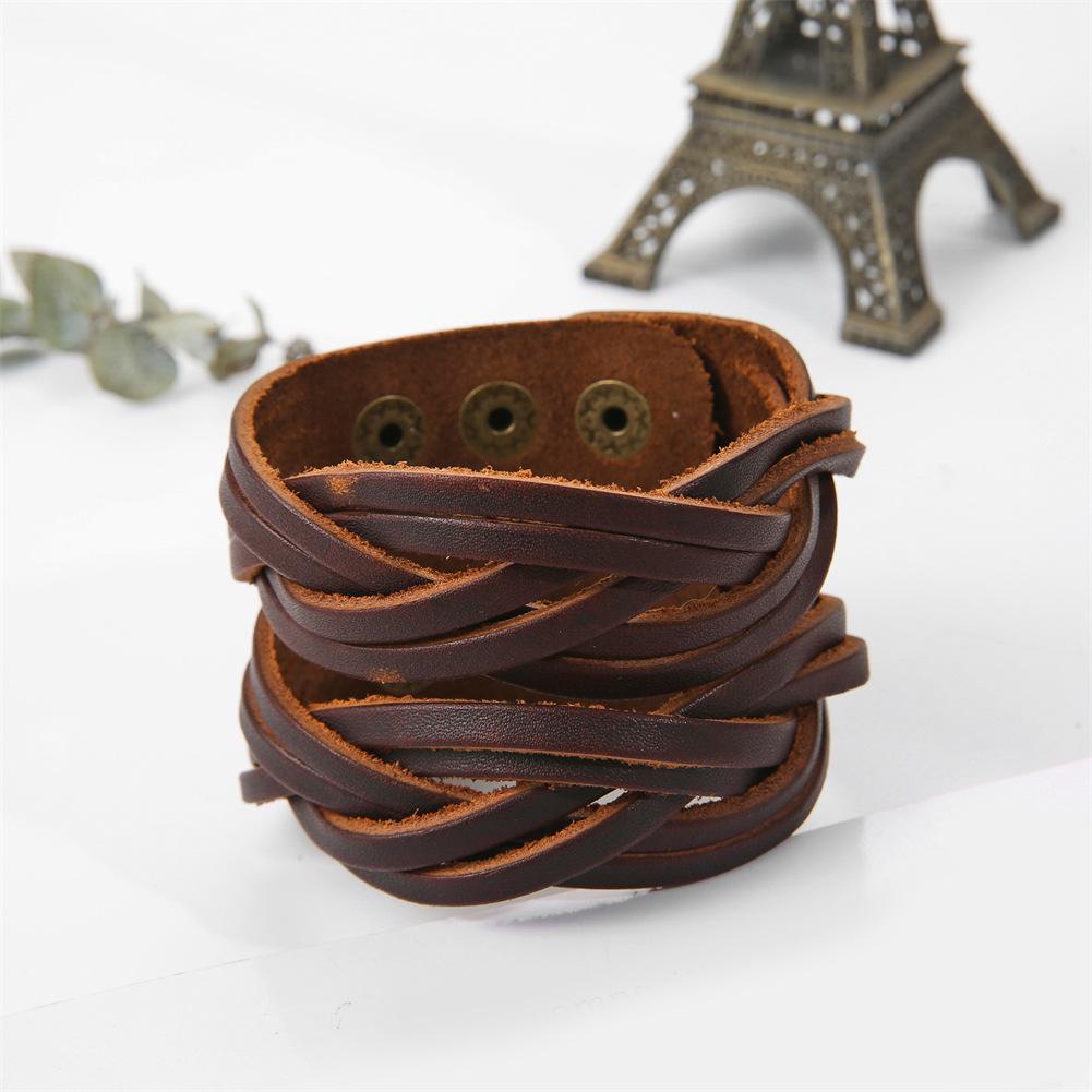 Men's European & American Retro Genuine Leather Punk Braided Bracelet - Multi-Layer, Adjustable.
