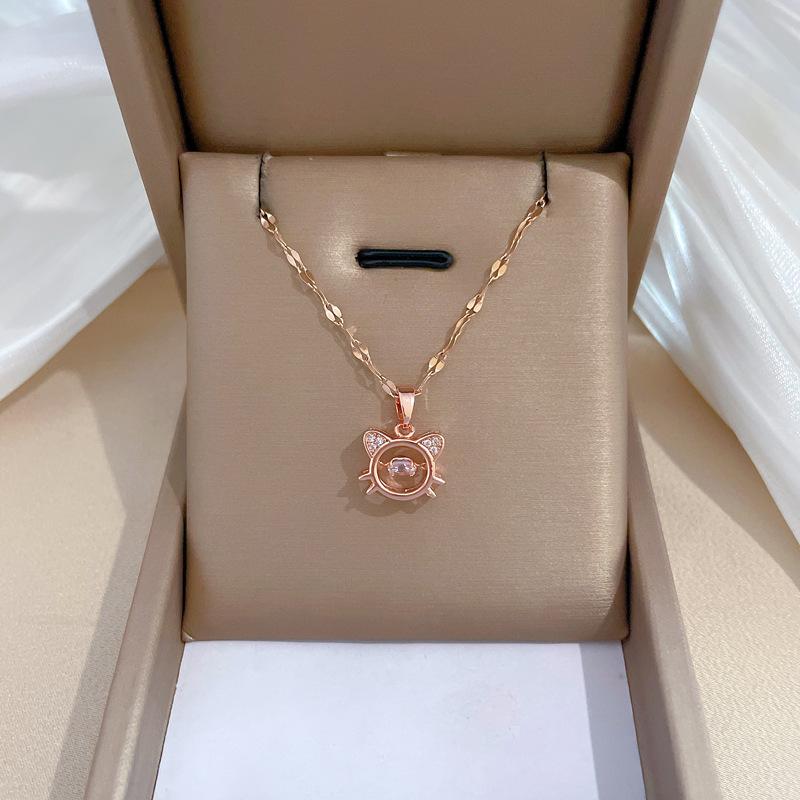 Smart Cat Full Diamond Light Luxury Temperament Gorgeous Full Diamond Necklace Female Versatile Collarbone Chain Titanium Steel Chain