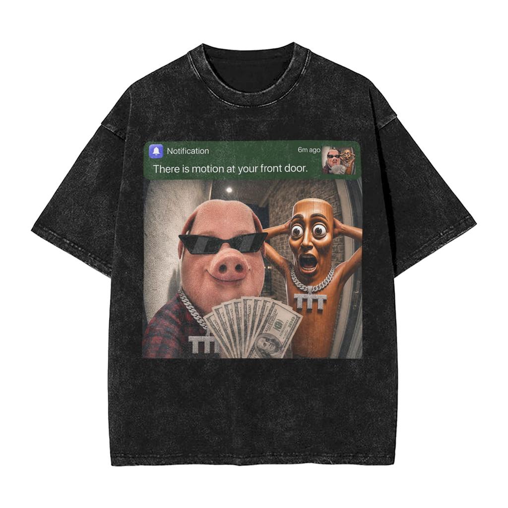 There Is Motion At Your Front Door Tung Tung Tung John Pork Men T Shirts Washed Vintage Tee Shirt Short Sleeve Crewneck Tshirt