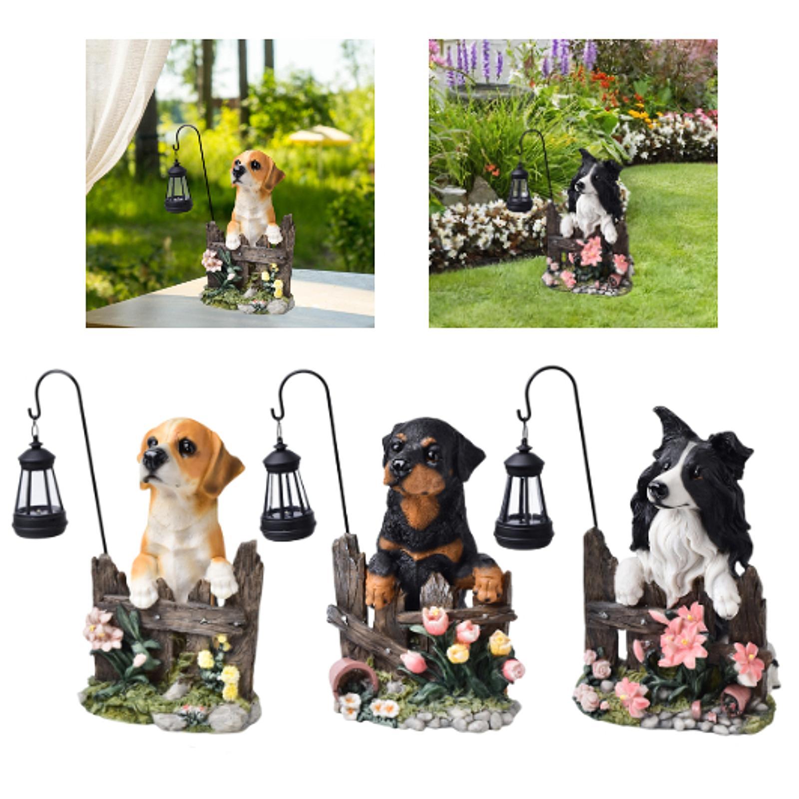 Animal Dog Sculpture with Solar Lighting Resin Dog Figurine Dog Puppy Ornament for Patio Yard Art Decorative Courtyard Porch colore bianco nero