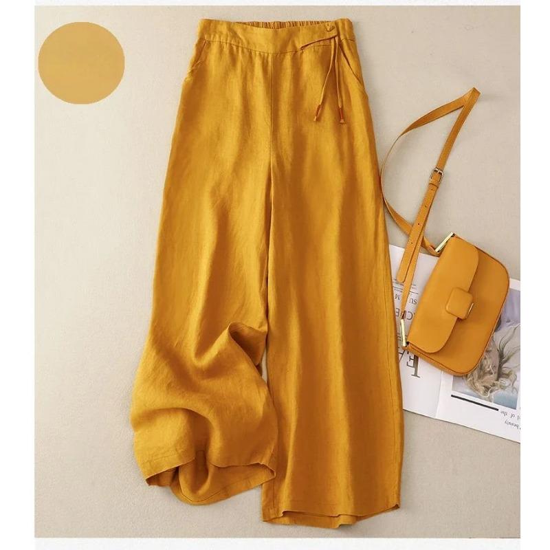 

Повседневные брюки из хлопка и льна с высокой талией, летние широкие брюки в стиле ретро, женские эластичные свободные прямые желтые женские брюки S жёлтый