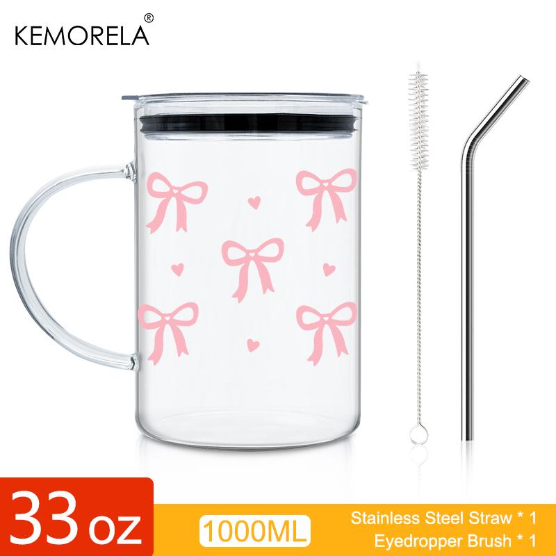 1PCS 1000ML Bow-Knot Glass with Lid and Straw Handle High Borosilicate Glass Glass Water Cup Coffee Cup Summer Winter Drinkware