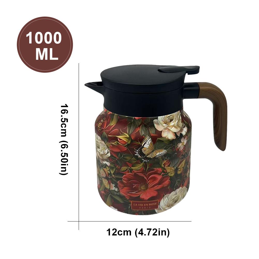 Ceainic Retro Floral 1000ml/800ml Oțel Inoxidabil Izolat Ceainic cu Infuzor Ceai Vas Termoizolant pentru Ceai cu Mâner din Lemn