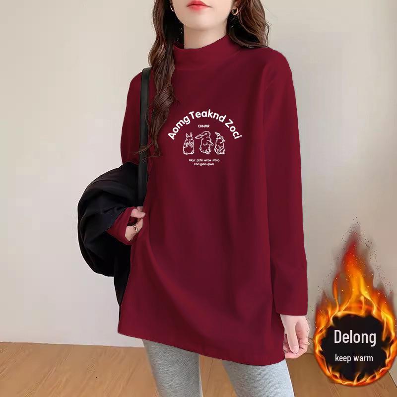 Plus Size Women's German Velvet Long Sleeve T-shirt: Loose Mid-Length Base Shirt for Early Spring, Autumn, and Winter.