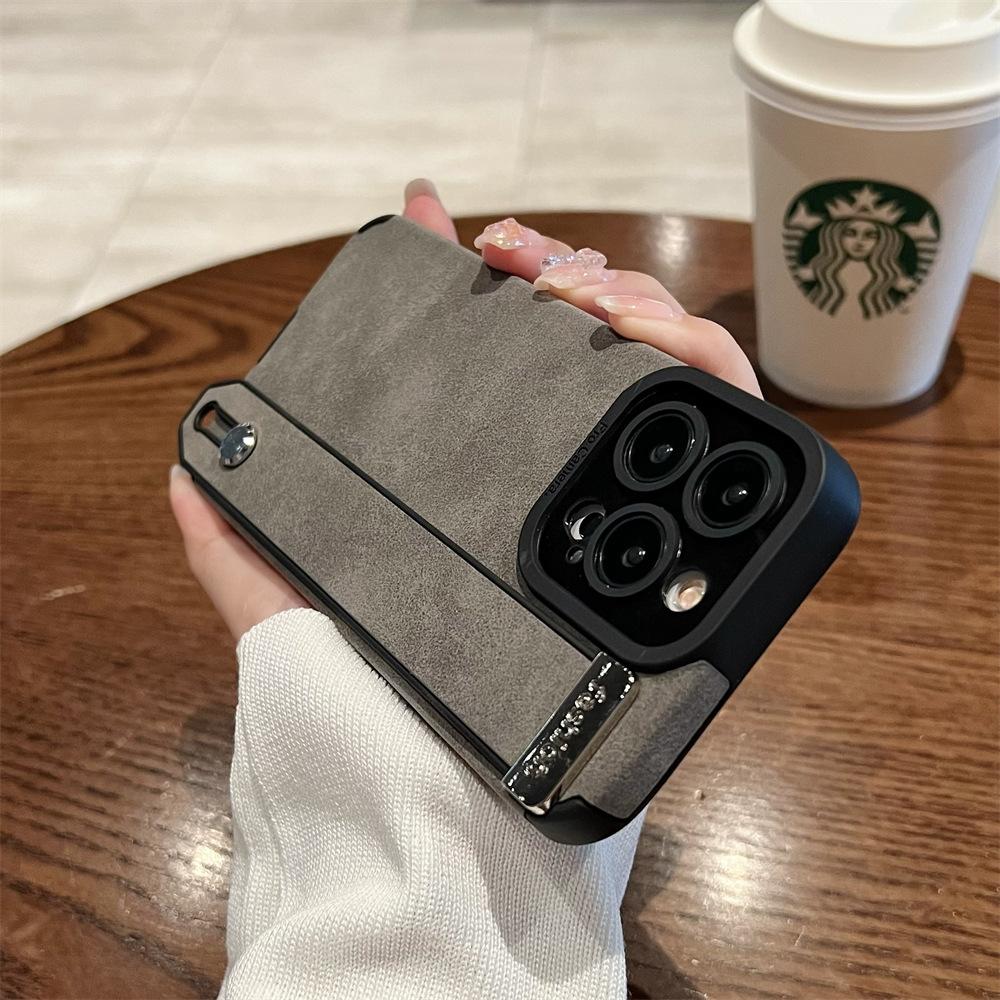 The Suede Leather Wristband Is Suitable for Apple 13promax Phone Case Stand, Iphone14 Full Bag 12 Anti-drop Leather Case