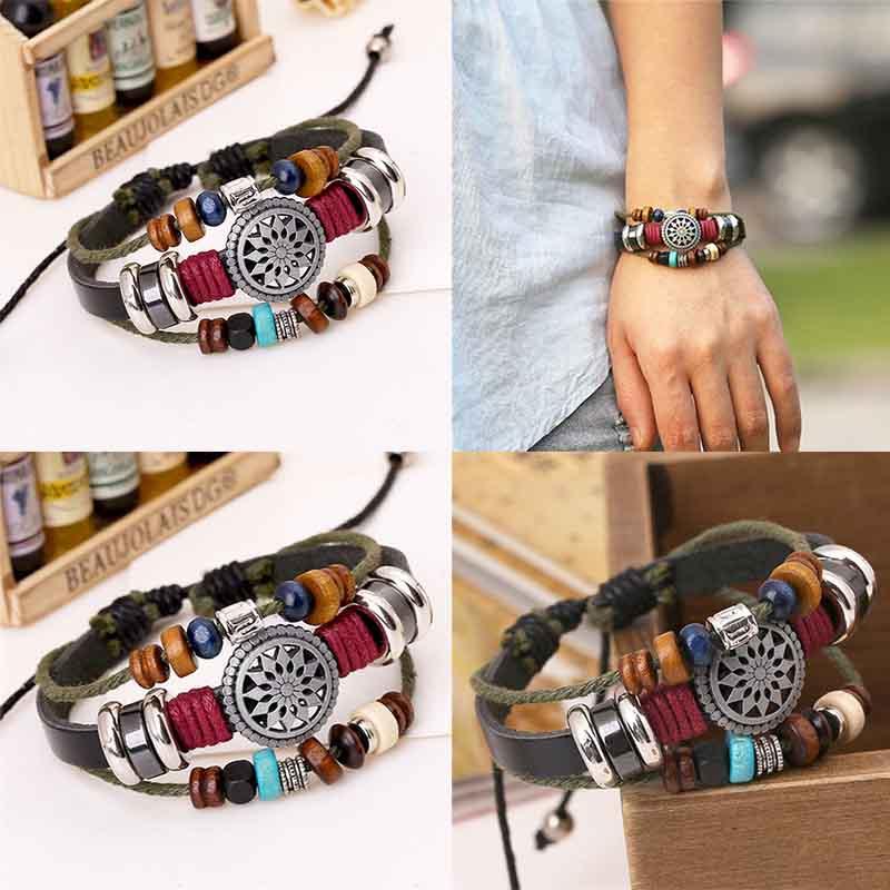Vintage Handmade Pu Leather Bracelet With Creative Beads For Unisex Style And Elegance