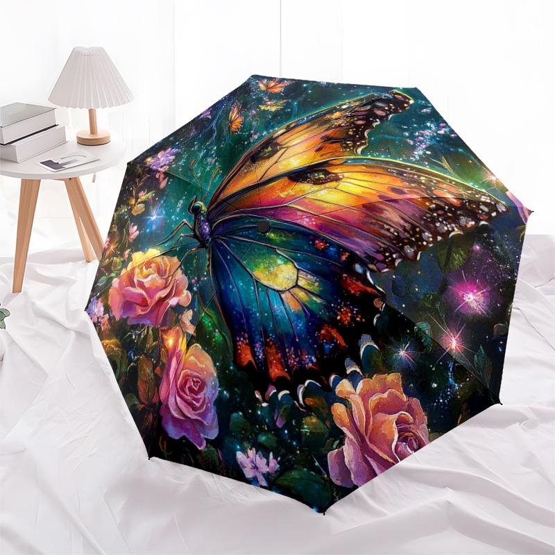 1 PC Automatic Folding Umbrella - Butterfly Garden Pattern, Portable & Foldable Design with 8 Ribs, Christmas Birthday Gifts