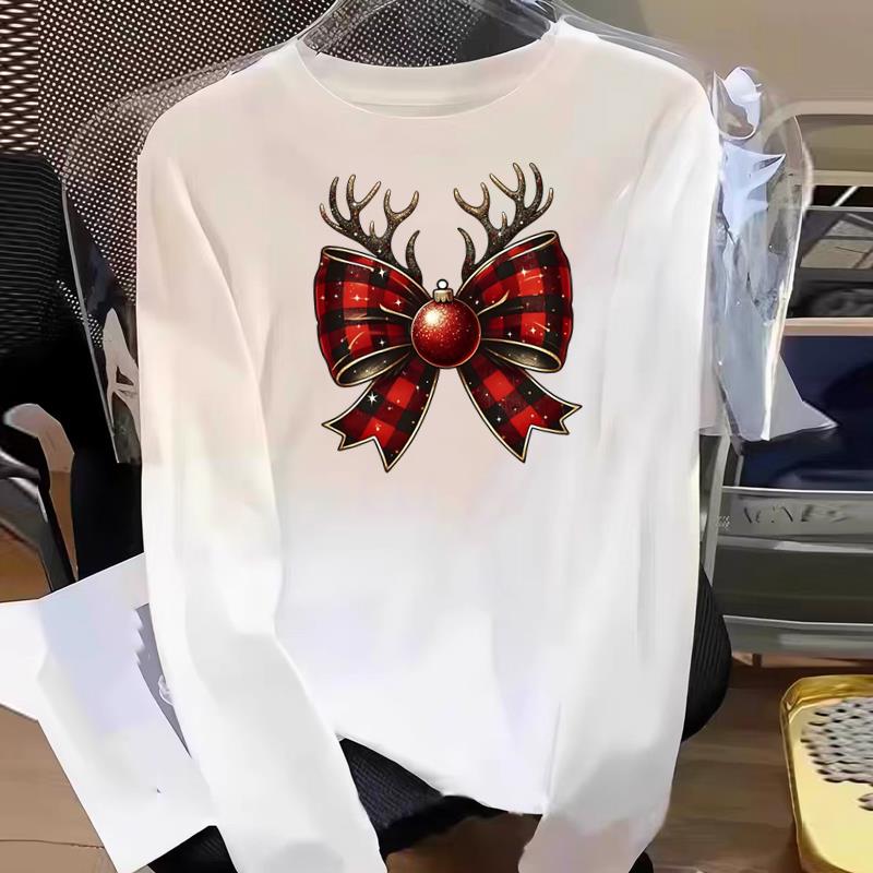 (Asian Size) Plaid Tree Cute 90s Graphic Tee Women Print T Shirt Christmas New Year Autumn Winter Casual Fashion Top Clothing Long Sleeve T-shirts