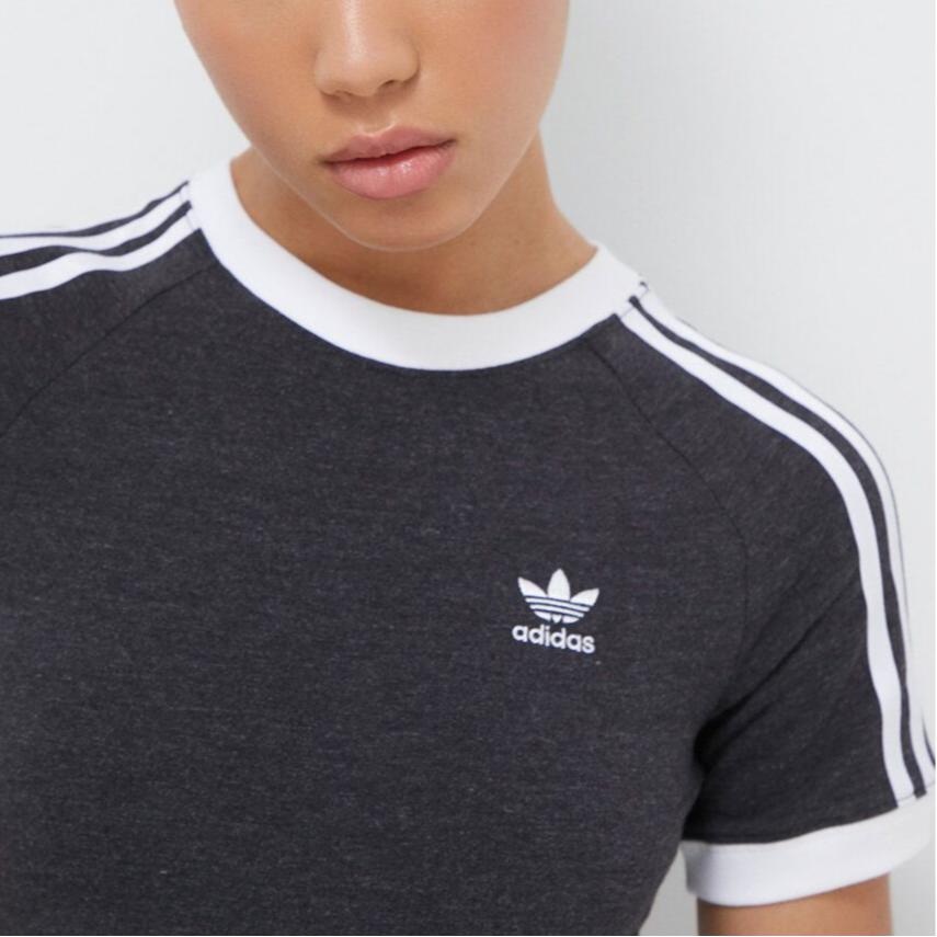 New Adidas Women's 3 Stripes Slim Raglan T Shirt Black Melange IU2429