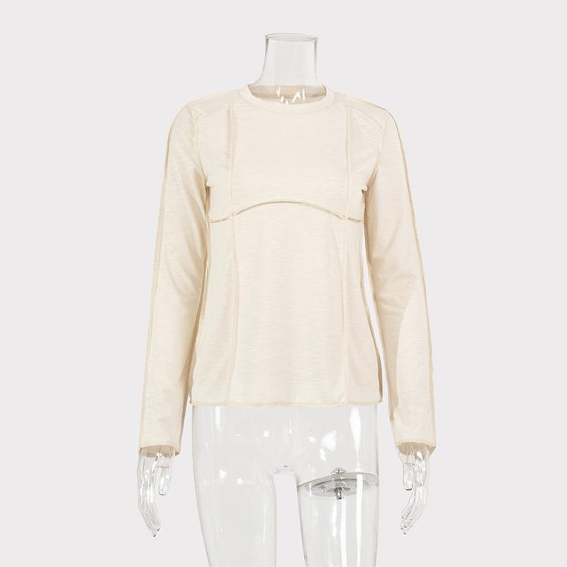 

Женская мода пэчворк облегающая футболка с длинным рукавом весна-осень мода O-образный вырез базовые рубашки элегантный однотонный уличный стиль L абрикосовый