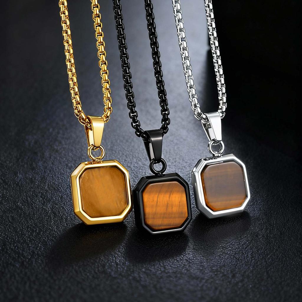 Mode Hohe Qualität Naturstein Quadratischer Anhänger Edelstahl Lange Kette Halskette Trendiger Einfacher Beliebter Schmuck für Männer Geschenk