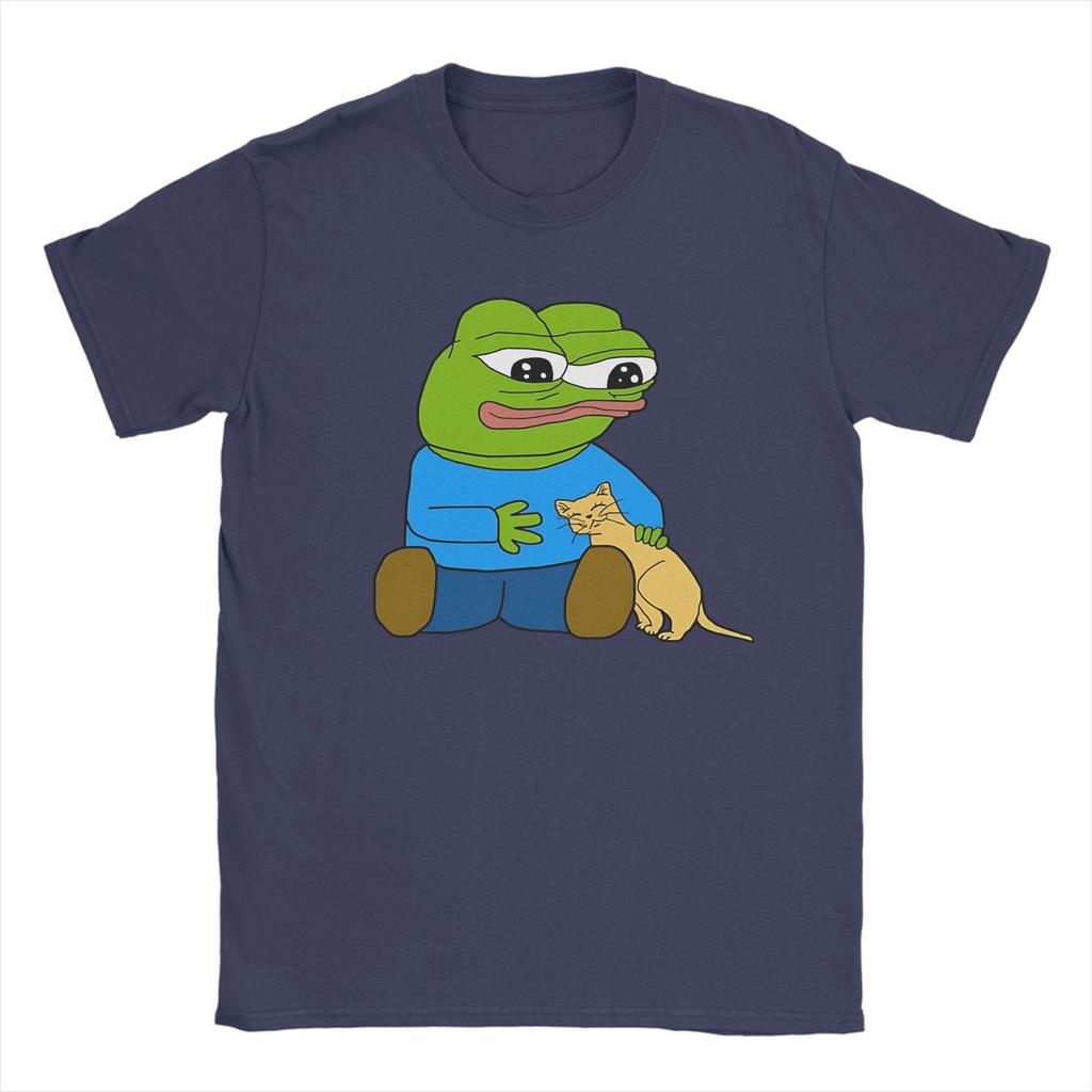 Men T-Shirt Pepes With Cat Novelty Cotton Tee Shirt Short Sleeve  T Shirts Crew Neck Clothing Printing