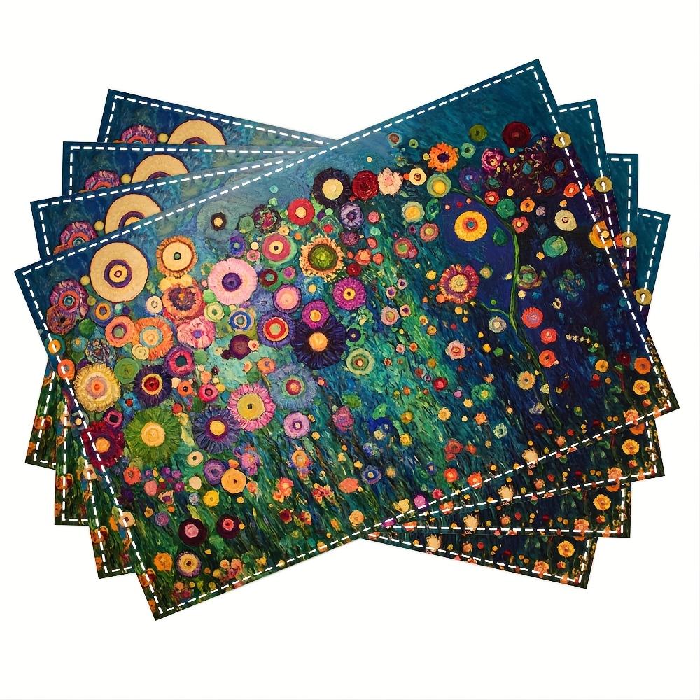 Of 4 Placemats Featuring Gustav Klimt'S Floral Designs, Stylish Printed Patterns, Faux Linen Table Mats Suitable for Dining, Kitchen 12.0X18.0 Inch.