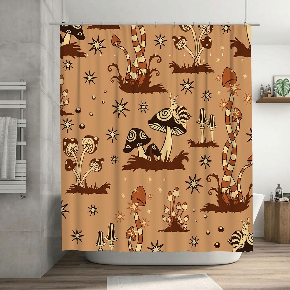 Stylish Mushroom Pattern Shower Curtain for Bathroom Decoration Modern Waterproof Fabric with Tassels Hanging Rod Set.
