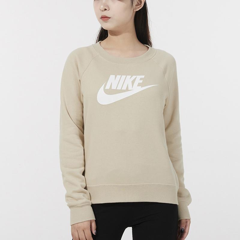 Nike Sportswear Essential Fleece Crew Neck Letter Print Long Sleeve Sweatshirt Women Tops Khaki BV4113-206
