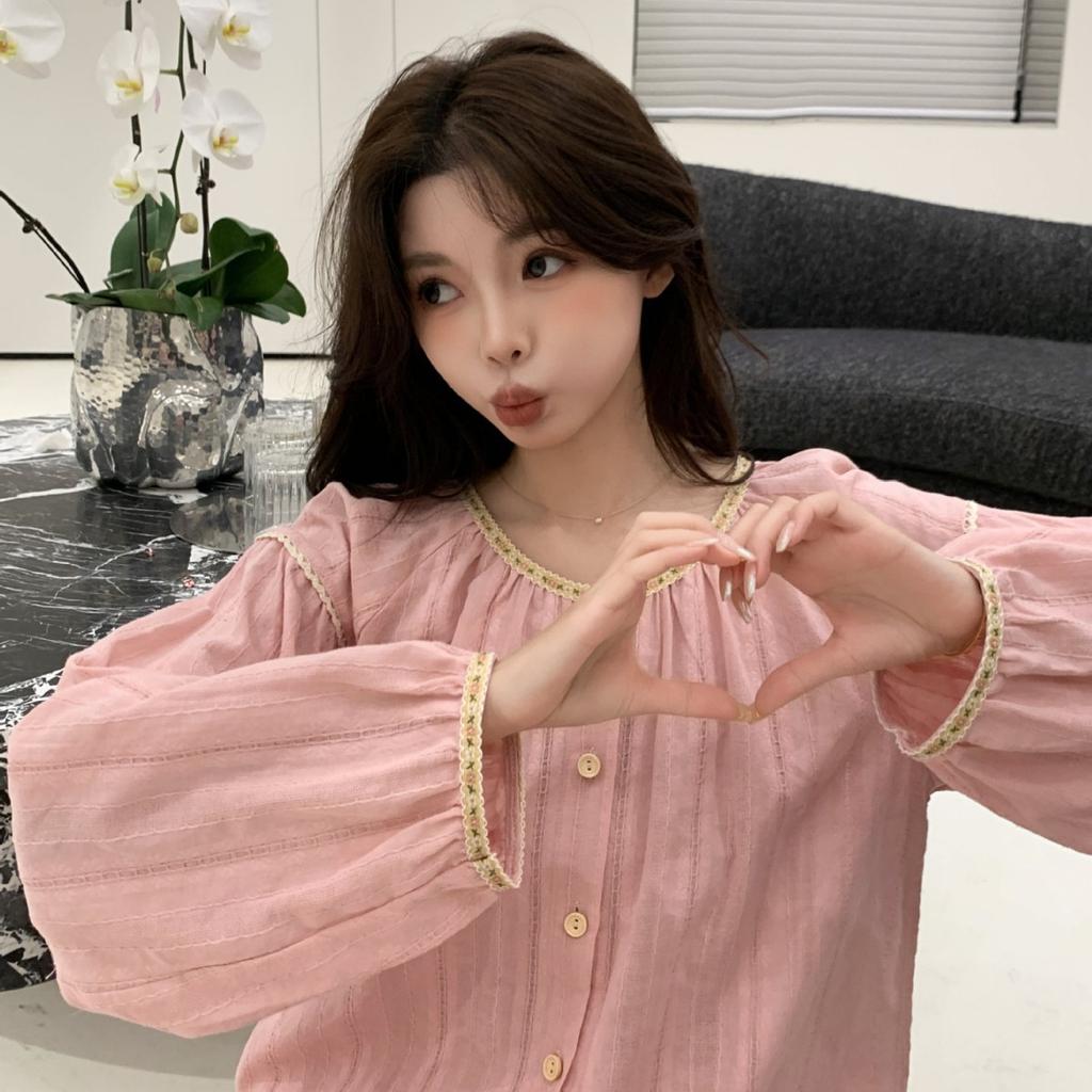 100% cotton pajamas new cute sweet wind loungewear cute fresh pink long-sleeved suit ins wind home