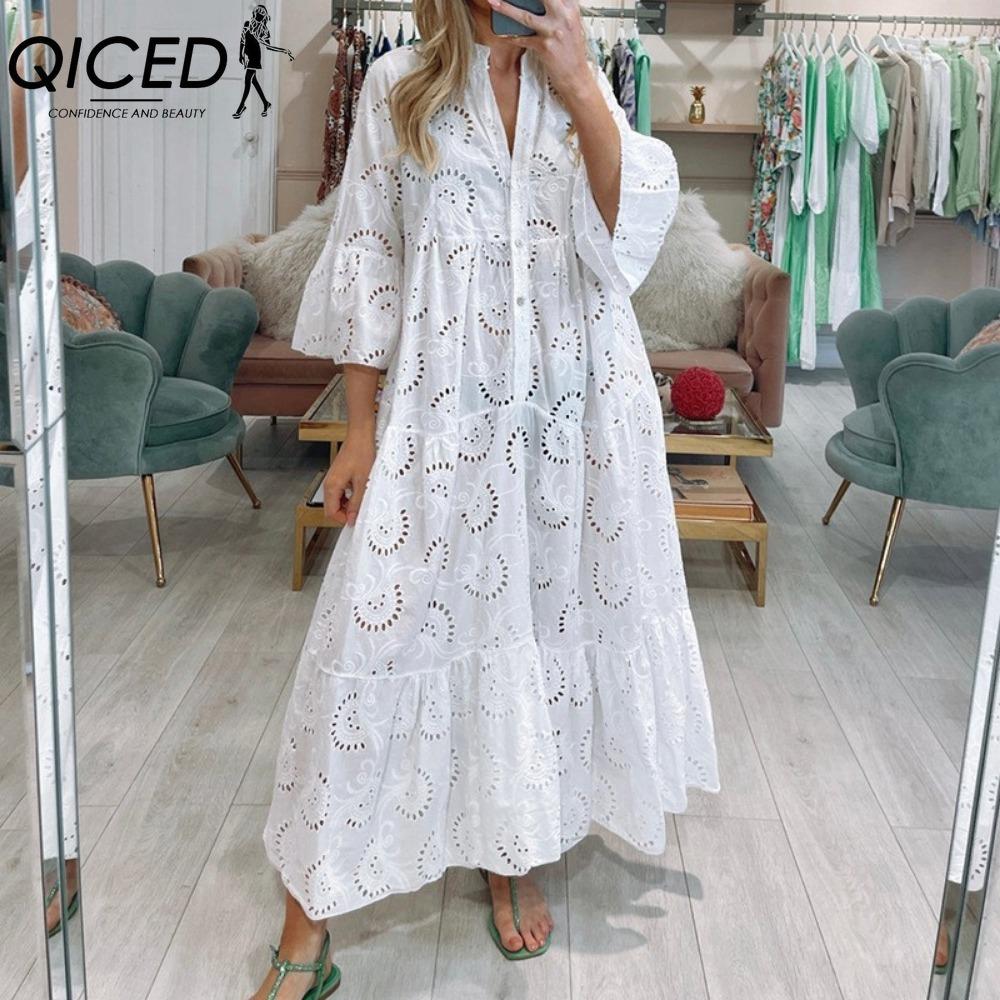 

QICED 8 цветов S-5XL Женская мода Лето Весна Однотонный принт Рукав 3/4 V-образный вырез Повседневные платья M белый
