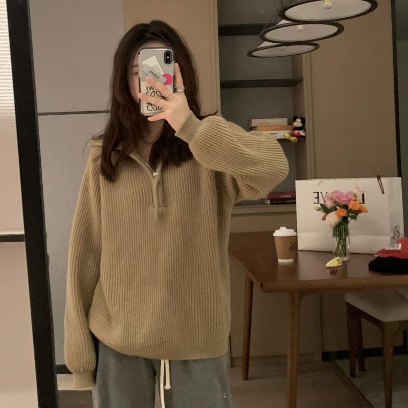 

Мягкий клейкий свитер, пуловер, корейский универсальный розовый свободный пуловер с высоким воротником и половиной молнии, однотонный свитер с лацканами, вязаный пуловер