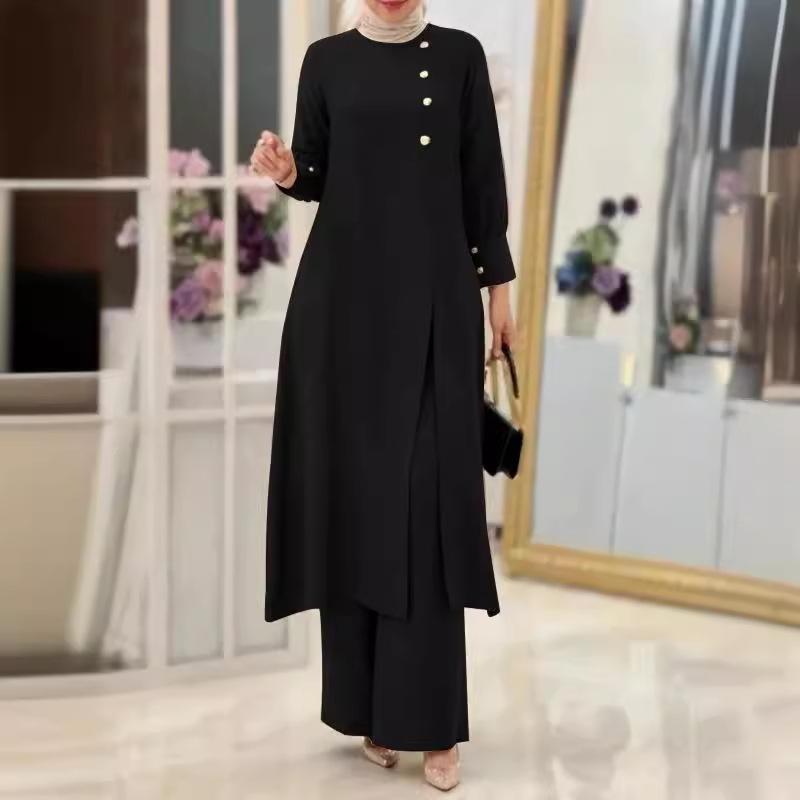 2024 Elegant Solid Color Muslim Women's Two-Piece Suit: Long Side-Slit Shirt & Wide-Leg Pants