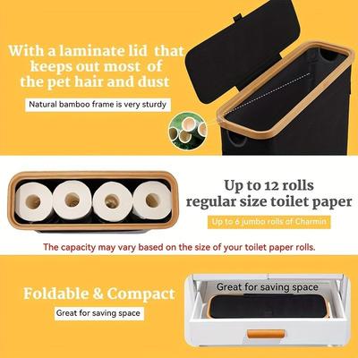 Large Capacity Bamboo Toilet Paper Holder with Lid Rectangular Storage Basket Bathroom Organizer for Tissues Hanging Bag