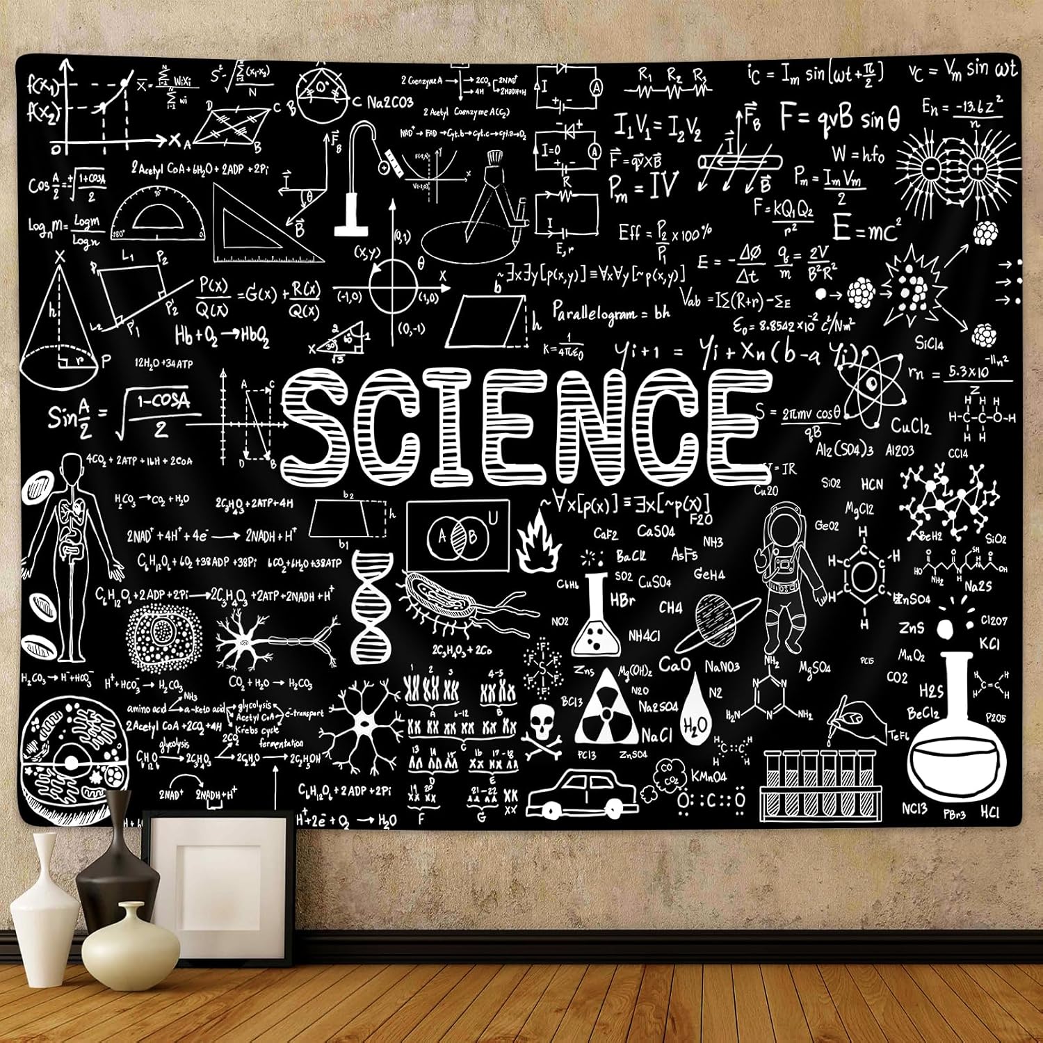 PAOPOED Science Tapestry for Classroom, Education Lab Backdrop Decor for Students Math Table Cloth Tapestries Wall Hanging for College Dorm Living 60 L x 40 W чёрный