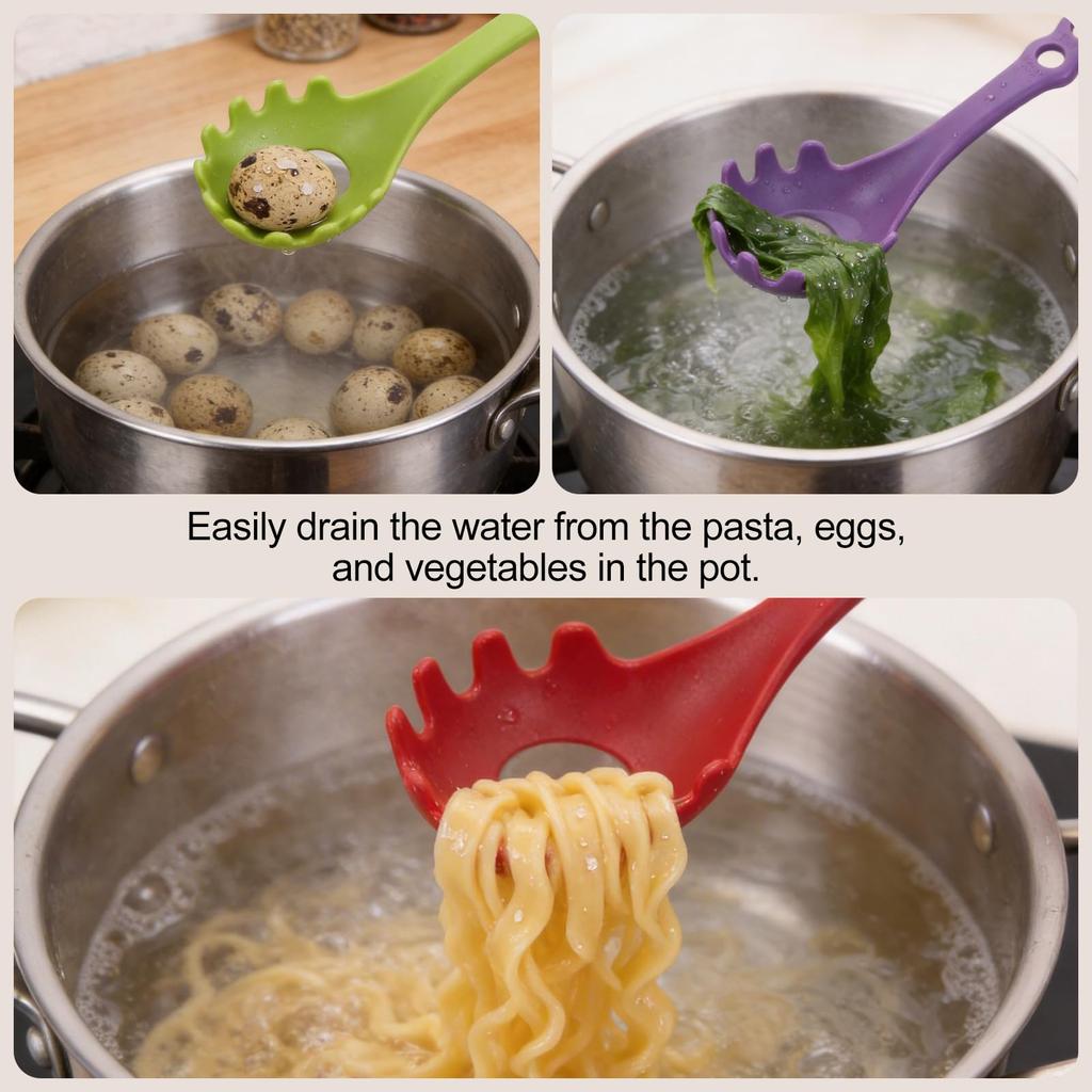uxcell Toothed Pasta Spoon, Nylon Pasta Fork, Non-stick Heat-resistant Noodle Spoon, Strainer, Tongs, Kitchen Utensil with Measuring Hole, Orange