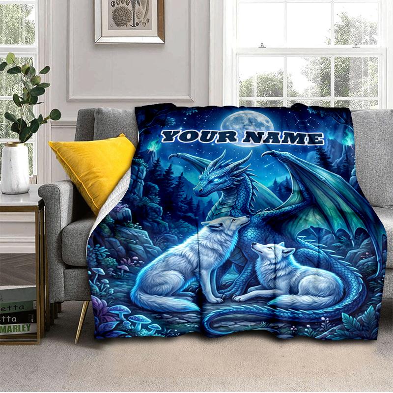 1PC Custom Name "Dragon Wolves Moonlit Forest" blanket versatile,all-season throw suitable for the living room,bedroom,camping,travel,and gift