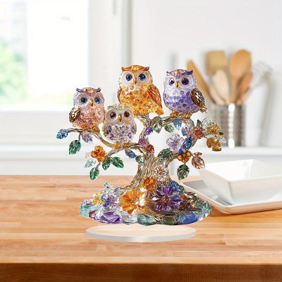 Owls Perched Tree Ornament, 2D Acrylic Owl Decoration with Base, Colorful Owl Flower Tree Ornament for Desktop Bookshelf Decor