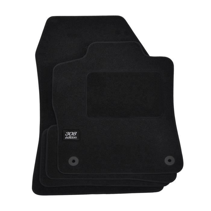 Tapis de sol - Logo - Peugeot 308 - Velours noir - 4 pièces - Ajustement précis