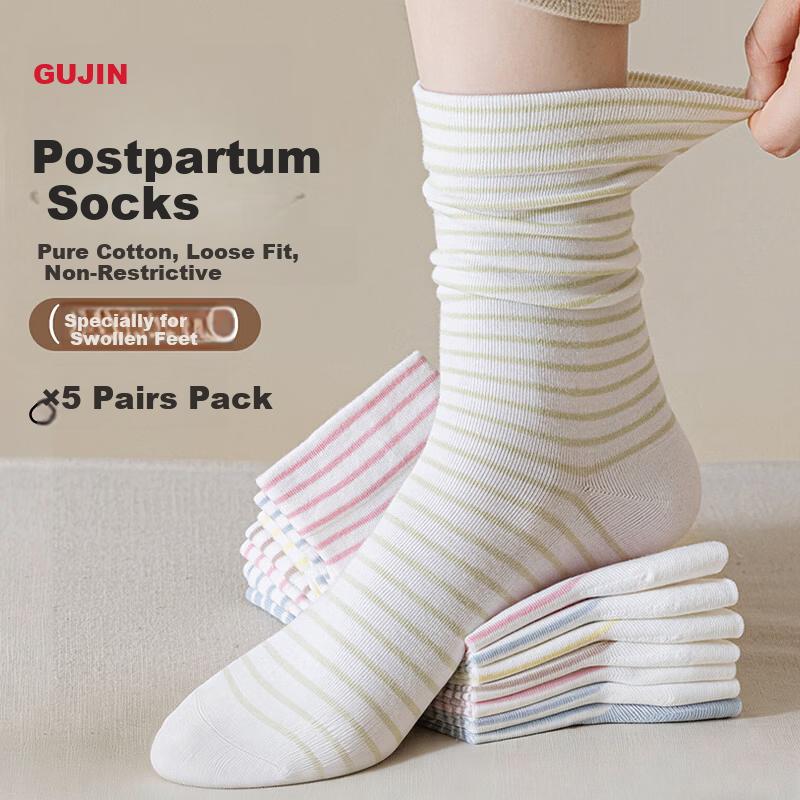 GUJIN Maternity Socks Non-Binding Pure Cotton Striped Mid-Calf Socks for Postpartum Women Spring Pregnant Women Soft Cuff Seamless Socks 5 Pairs Pack