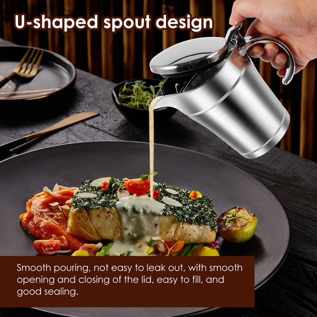 450ML Sauce Dispenser Double Insulated Sauce Gravy Boat Stainless Steel Vinaigrette Pot with Hinged Lid for Restaurant Household