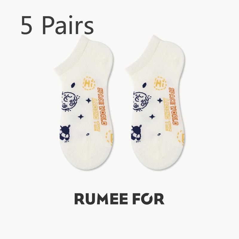 5 Pairs of Women's Spring and Summer Trendy Cartoon Breathable Shallow Short Boat Socks