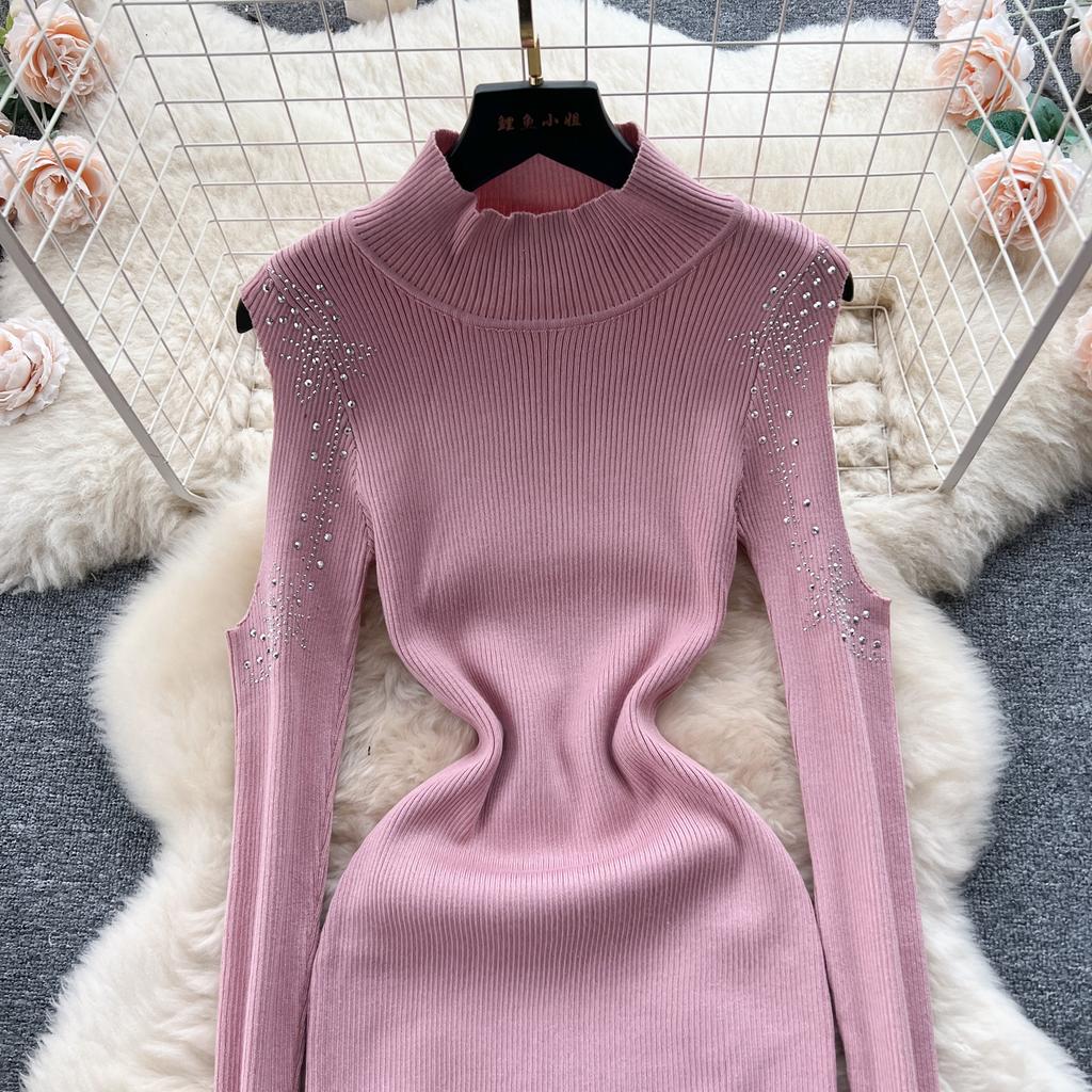Elegante strass con spalle scoperte manica lunga maglia aderente abito tubino slim basic moda maglione vestido abbigliamento invernale sexy