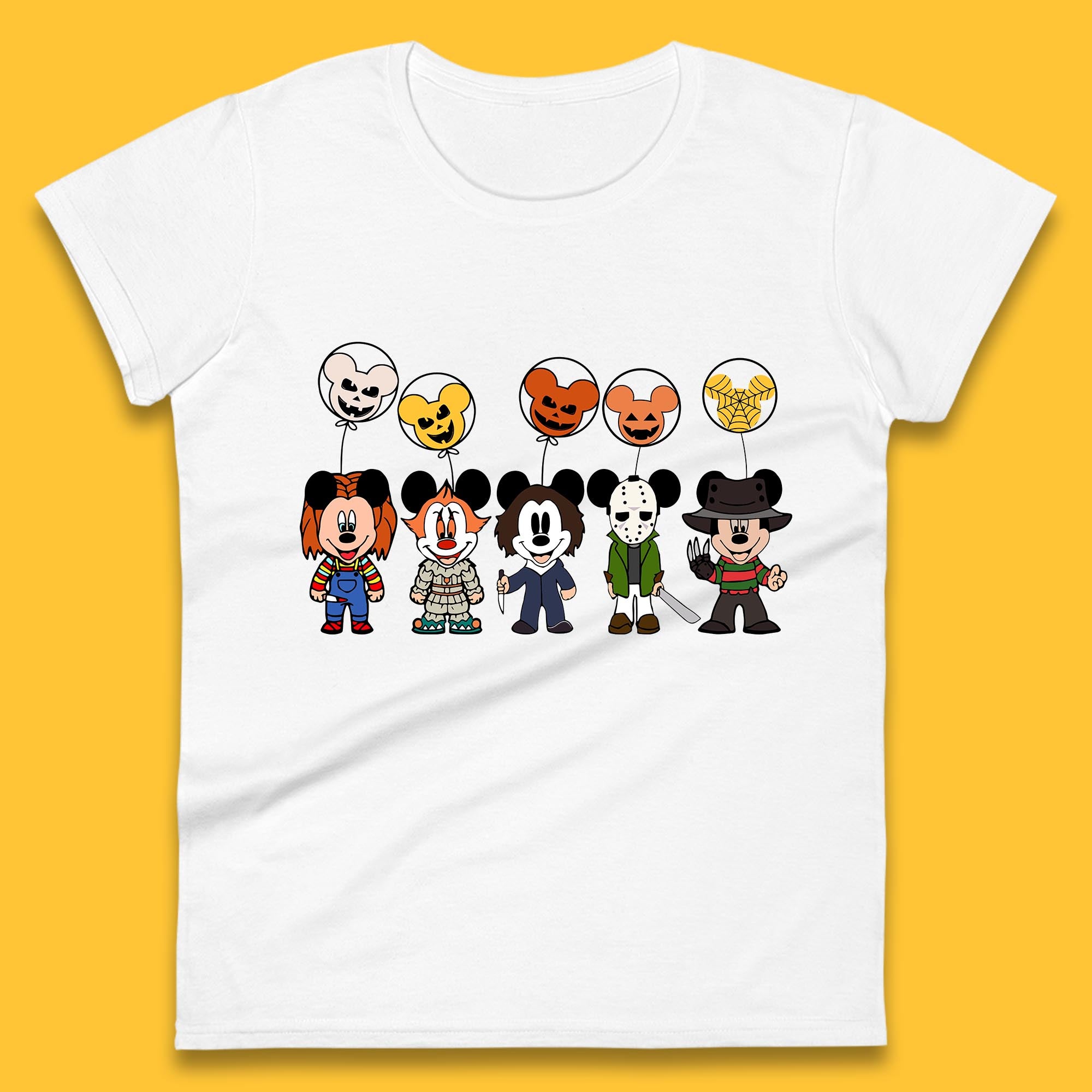 Disney Halloween Friends Horror Movie Characters Mickey Mouse Balloons Womens Tee T Shirt Mens Tops Unisex Top L