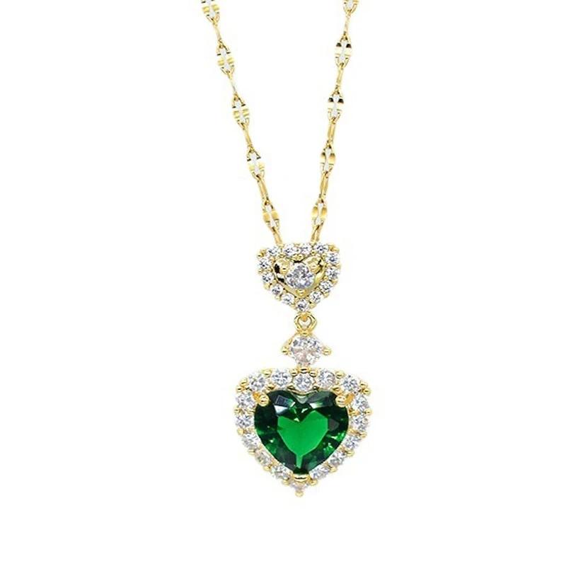 Heart-shaped Necklace Green Zircon Jewelry Sets for Women Exquisite Crystal Pendant Chain Women's Earings Wedding