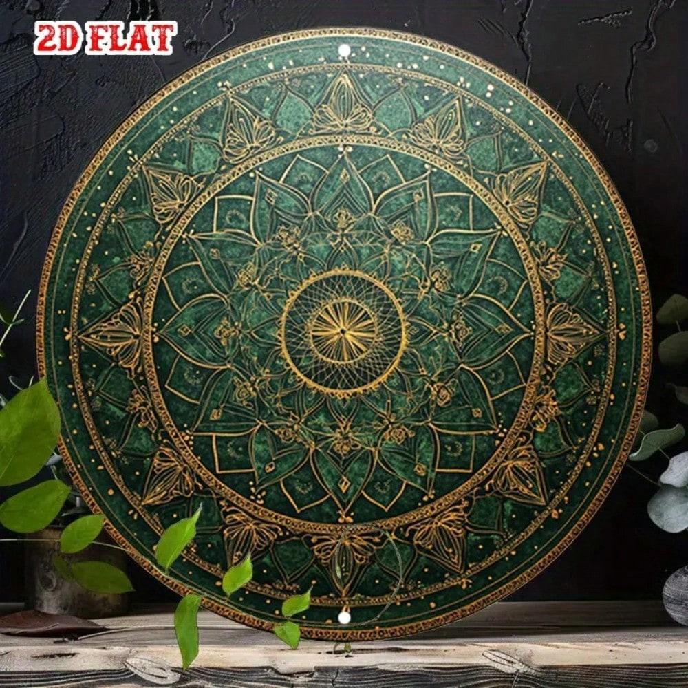 Metal Poster Wall Art Mandala Vintage Green Gold Patio Decor