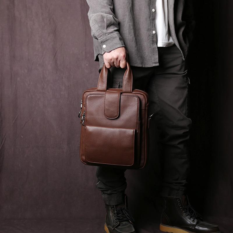 New Leather Men's Handbag Top Layer Cowhide Vertical Briefcase Retro Men's One-Shoulder Messenger Bag 12 Inch Ipad Bag NZPJ