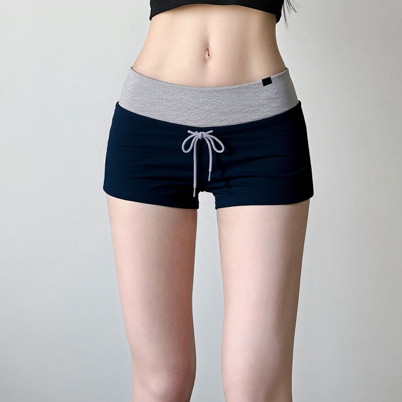 

American Women s Clothing American Casual Style Color Contrast Patchwork Sports Shorts Women s Easiest for Match Low Waist Shoelace Knitting Hot Pants Dark blue L