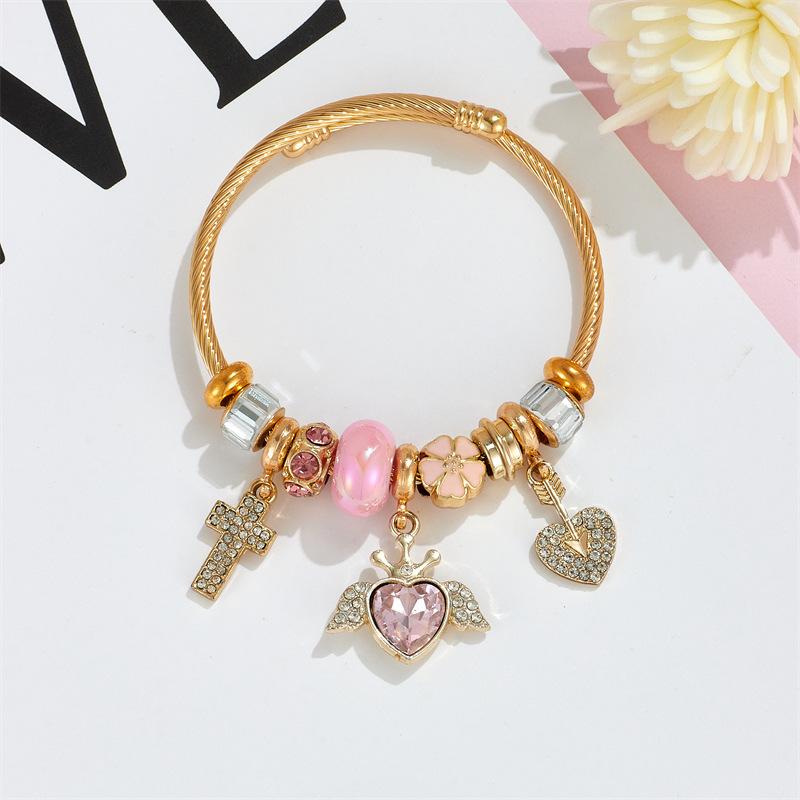 Minimalist Diamond Angel Wing Bracelet Stainless Steel Bangle With Heart Cross Pendant Luxury Jewelry Gift