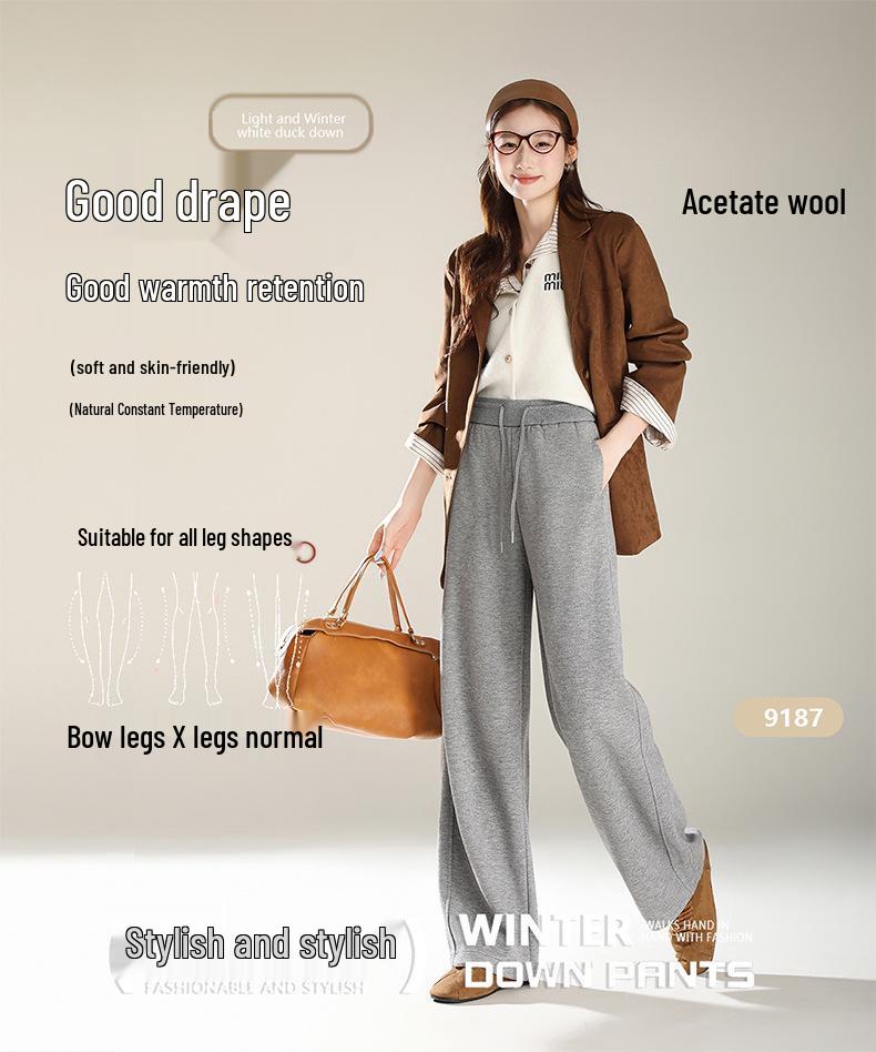 Women's Light Grey High-Waist Wide Leg Wool Pants - Casual Autumn Floor-Length Straight Sport Trousers