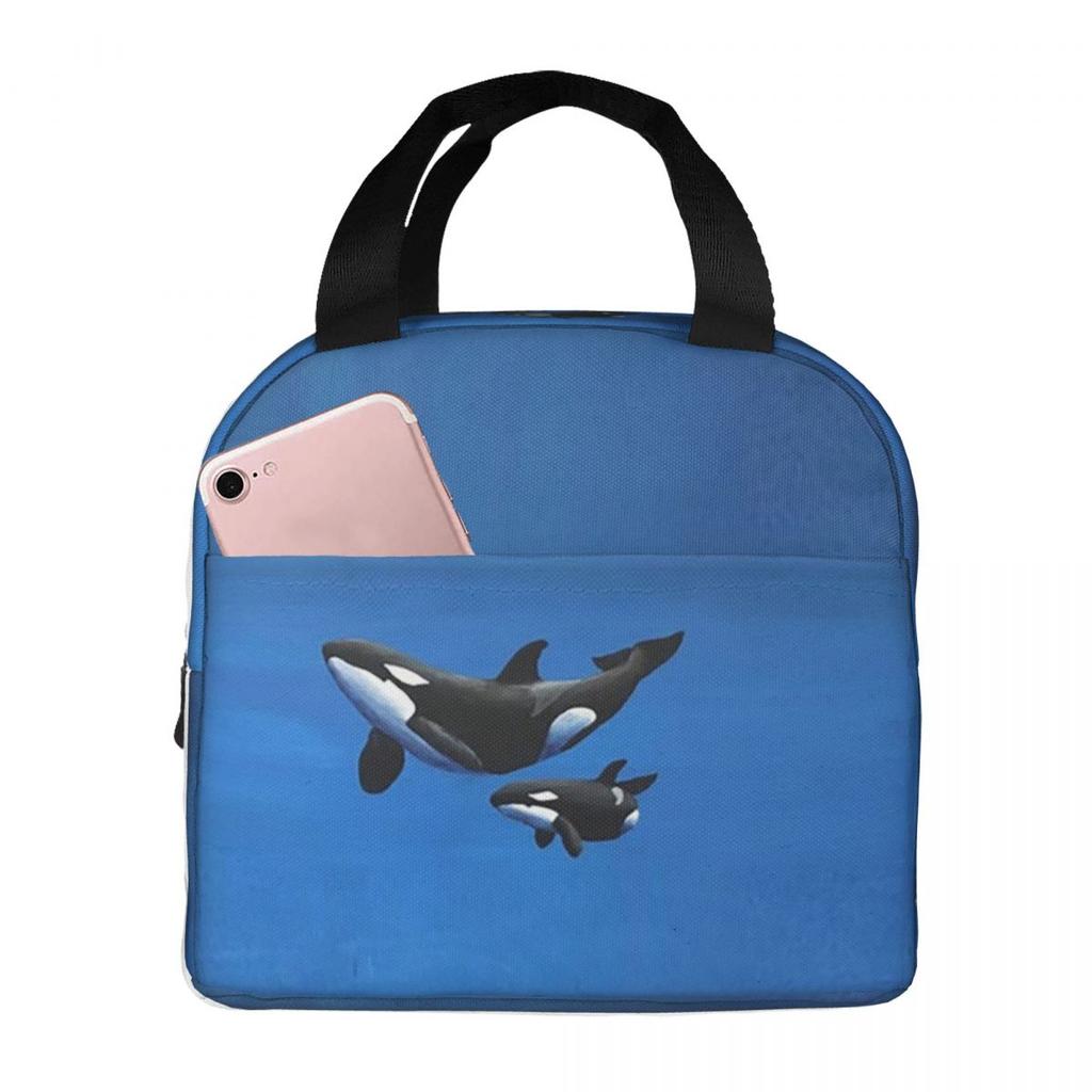 Parent-Child Orca In Bule Background Insulated Lunch Bag for Women Kids Portable Food Boxes Thermal Lunch Box Tote