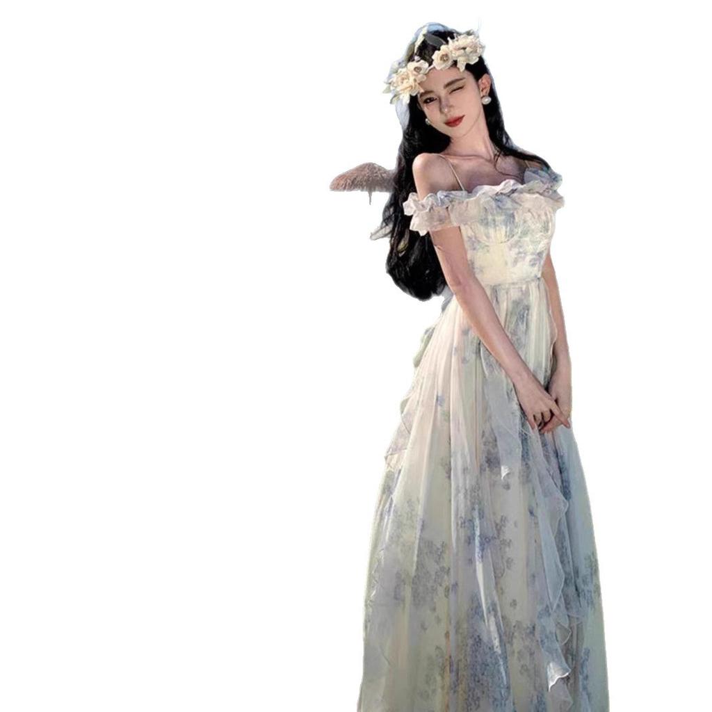 Seaside vacation style suspender skirt yarn French ruffle edge beach dress atmosphere long dress elegant fairy dress