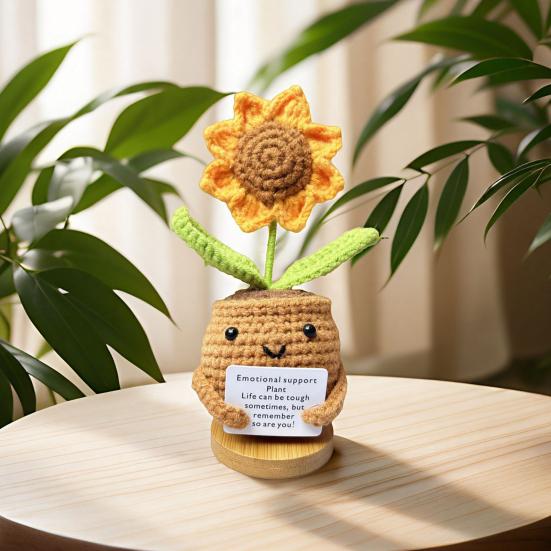 Crocheted Sunflower Doll Emotional Inspirational Support Potted Plant Doll Handmade Inspirational Doll with Positive Card for Cheer Up Gift Home Decor