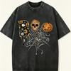 Spooky Halloween Skeleton Pumpkin Retro Print Vintage Washed Unisex Tee