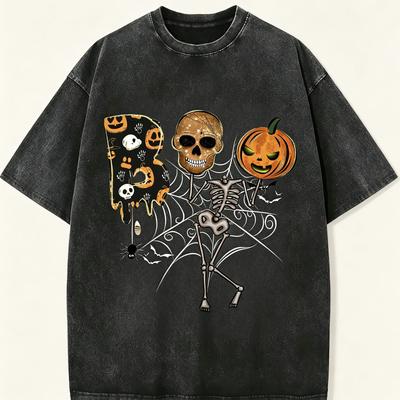 Spooky Halloween Skeleton Pumpkin Retro Print Vintage Washed Unisex Tee