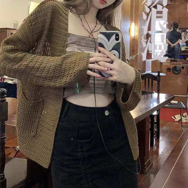 Summer women's thin hollow pocket knitted cardigan outer wear design sense niche hot girl sunscreen shawl top coat