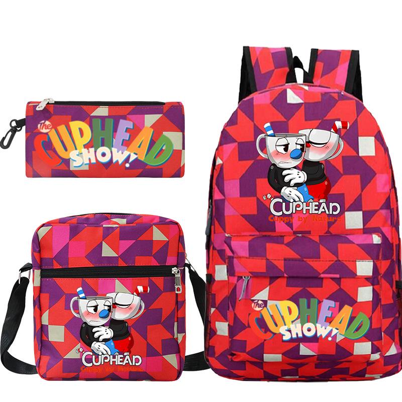 Cartoon Teacup Head Cuphead Student School Bag Backpack Three-piece Set Children's Shoulder Bag Pencil Bag