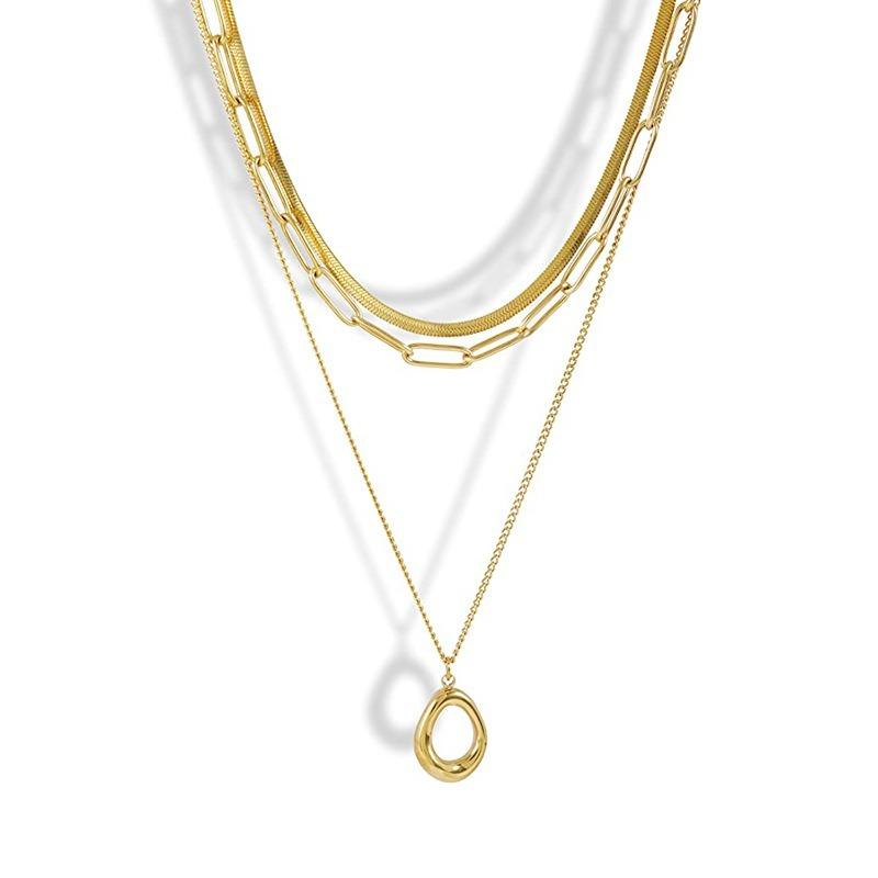 Women Layered Geometric Oval Pendant Stainless Steel Clavicle Necklace