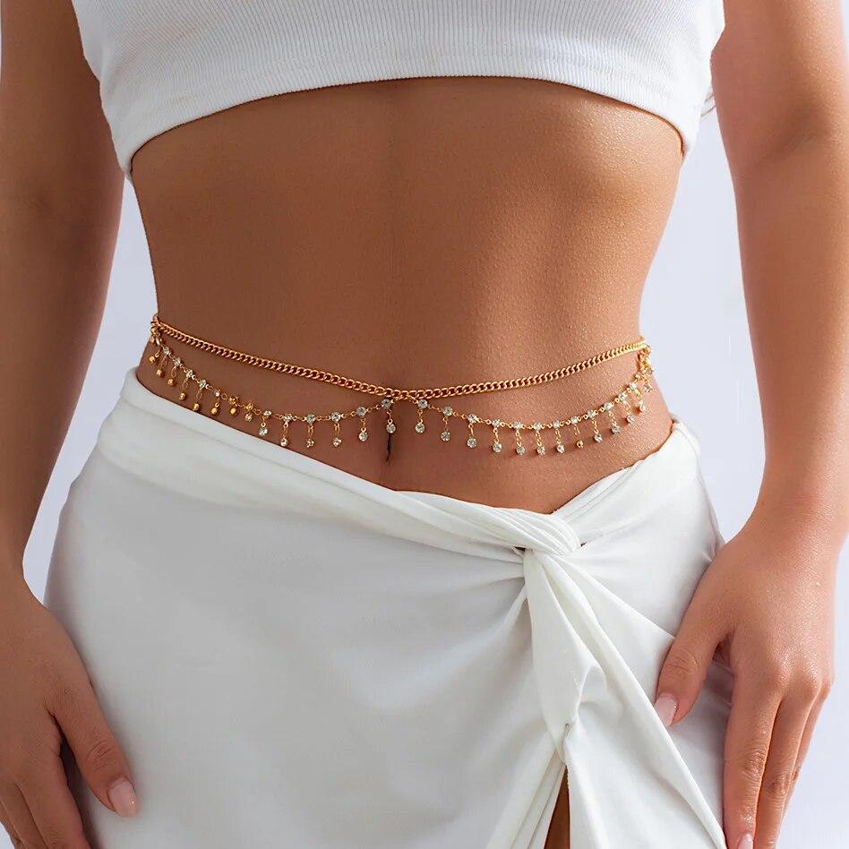 

Aesthetic Shiny Rhinestone Sequins Multilayer Belly Waist Chain for Women Sexy Bikini Star Cross Belt Summer Beach Body Jewelry